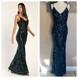 Lulus Truly Alluring Black and Teal Sequin Mermaid Maxi Dress